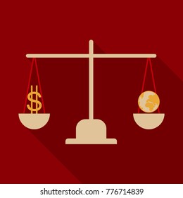 libra with money and planet icon with shadow in flat style