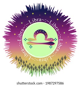 Signo de la luna de la libia. Etiqueta del signo Zodiaco. Vector de astrología. El gradiente de Aurora se reventó. Patrón de estrellas. Símbolo del horóscopo. Título védico de la señal. Insignia de astrología. Etiqueta de astronomía. Ilustración bursátil.