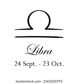 Libra with name and dates. Horoscope with 12 zodiac signs. From September 24 to October 23. Astrology, fortune telling, constellation, stars, ascendant, pseudoscience, natal chart. Italic style