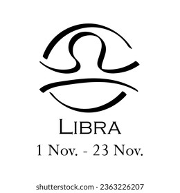 Libra with name and dates. New horoscope with 13 zodiac signs. From November 1 to November 23. Astrology, fortune telling, constellation, stars, ascendant. Casual style with black strokes