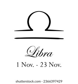 Libra with name and dates. New horoscope with 13 zodiac signs. From November 1 to November 23. Astrology, fortune telling, constellation, stars, ascendant. Italic style