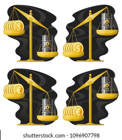 Libra. Oil price rate up and down. Dollars and oil barrel. Euro and oil barrel. Vector illustration. Elements is grouped.