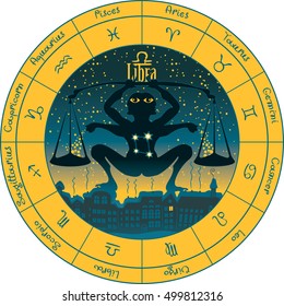 libra on the background urban night landscape and the starry sky in circle with the signs of the zodiac