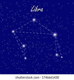 Libra on blue stars sky background. Astrology zodiac constellation  calendar. Mystic symbol of western horoscope illustration