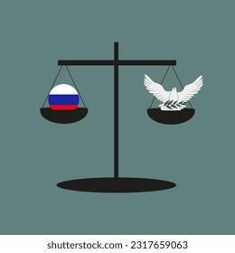 Libra with Russia in one bowl and Dove of Peace in the other. World Balance concept. Retro art with Scales Vector illustration. 