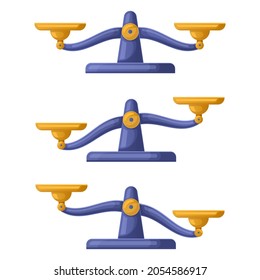 Libra scales imbalanced, weights balance justice concept. Weigher libra scales symbols vector illustration set. Imbalanced libra scales. Compare weigh and measure, equal of justice