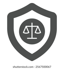 Libra scales on safety emblem solid icon, jurisprudence concept. Vector graphics. Weight scales with protection shield sign on white background, glyph style icon for mobile or web design