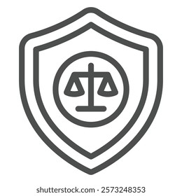 Libra scales on safety emblem line icon, jurisprudence concept. Vector graphics. Weight scales with protection shield sign on white background, outline style icon for mobile or web design