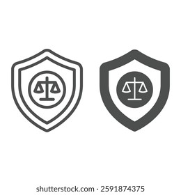 Libra scales on safety emblem line and solid icon, jurisprudence concept. Vector graphics. Weight scales with protection shield sign on white background, outline style icon for mobile or web design