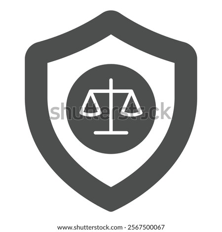 Libra scales on safety emblem solid icon, jurisprudence concept. Vector graphics. Weight scales with protection shield sign on white background, glyph style icon for mobile or web design