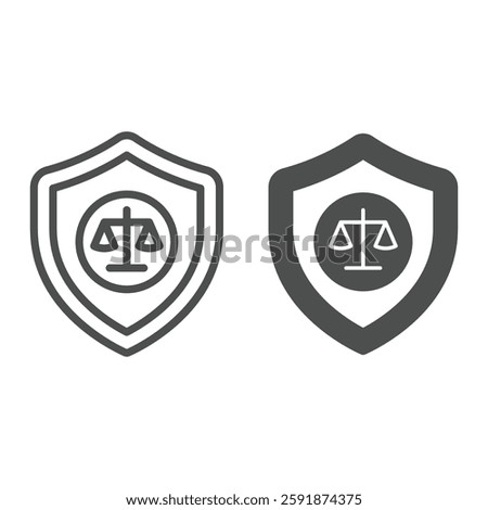 Libra scales on safety emblem line and solid icon, jurisprudence concept. Vector graphics. Weight scales with protection shield sign on white background, outline style icon for mobile or web design