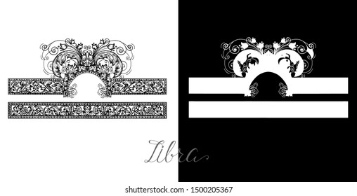 Libra or Scales Zodiac Sign with victorian baroque patterns. Collection of astrological symbols. Design Set with vector hand drawn illustrations for Horoscope, Esoteric and Mystic background