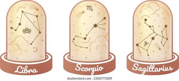 Libra, Scorpio, and Sagittarius zodiac symbols and star signs constellation simple styles surrounded by golden cloud, moon, stars, and stardust in the magic jar, esoteric boho styles. 