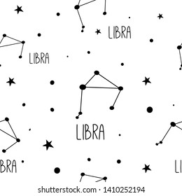 Libra. Seamless pattern with zodiac sign, stars and constellations. Simle minimalistic hand drawn astrological vector texture for textile, fabric, paper. Black and white, monochrome background. 