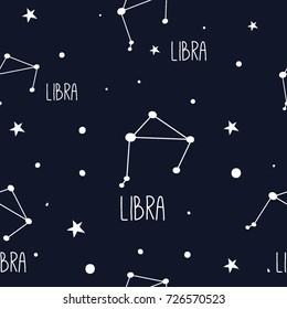 Libra. Seamless pattern with zodiac sign. Night sky with stars and constellations. Hand drawn astrological vector background.