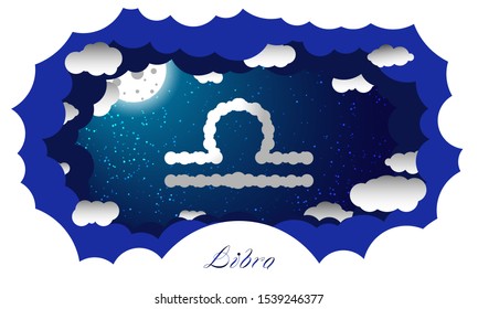 Libra sign in cloud style. Zodiac signs. Paper cut out style vector image of libra symbol on starry sky illuminated by full moon and surrounded by clouds with sign and constellation name 