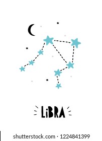 Libra Sign. Cute Bright Hand Drawn Zodiac Vector Illustration. Blue, Black and Light Gray Stars on a White Background. Black Moon. Childish Style Starry Sky Illustration. Black Handwritten Text.
