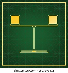Libra sign. Golden icon with gold contour at dark green gridded white background. Illustration.