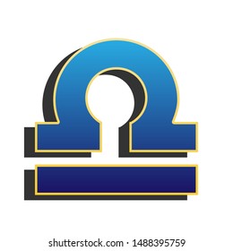 Libra sign illustration. Blue icon with gold contour with dark gray shadow at white background. Illustration.