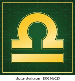 Libra sign illustration. Golden icon with gold contour at dark green gridded white background. Illustration.