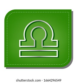 Libra sign illustration. Silver gradient line icon with dark green shadow at ecological patched green leaf. Illustration.