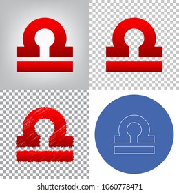 Libra sign illustration. Vector. 4 styles. Red gradient in radial lighted background, green flat and gray scribble icons on transparent and linear one in blue circle.