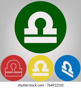 Libra sign illustration. Vector. 4 white styles of icon at 4 colored circles on light gray background.