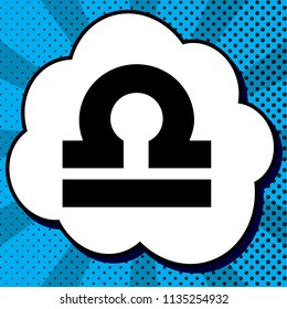 Libra sign illustration. Vector. Black icon in bubble on blue pop-art background with rays.