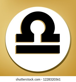 Libra sign illustration. Vector. Black icon with light brown shadow in white circle with shaped ring at golden background.