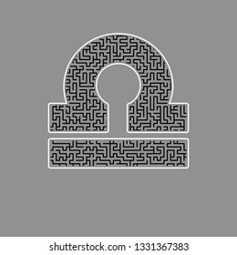 Libra sign illustration. Vector. Black maze filled icon with white border at gray background.