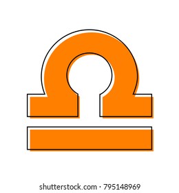 Libra sign illustration. Vector. Black line icon with shifted flat orange filled icon on white background. Isolated.