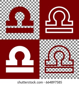 Libra sign illustration. Vector. Bordo and white icons and line icons on chess board with transparent background.
