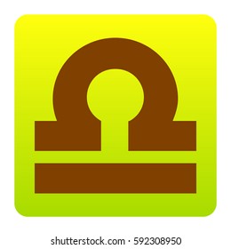 Libra sign illustration. Vector. Brown icon at green-yellow gradient square with rounded corners on white background. Isolated.