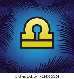 Libra sign illustration. Vector. Golden icon with black contour at blue background with branches of palm trees.