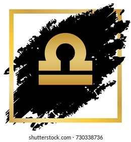 Libra sign illustration. Vector. Golden icon at black spot inside golden frame on white background.