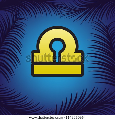 Libra sign illustration. Vector. Golden icon with black contour at blue background with branches of palm trees.