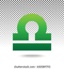 Libra sign illustration. Vector. Green gradient icon with shadow at bottom on transparent and white background.