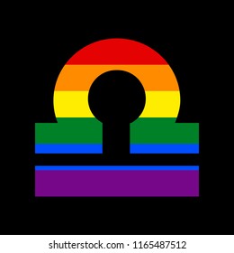 Libra sign illustration. Vector. Icon with colors of LGBT flag at black background.