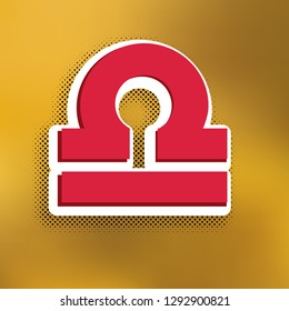 Libra sign illustration. Vector. Magenta icon with darker shadow, white sticker and black popart shadow on golden background.