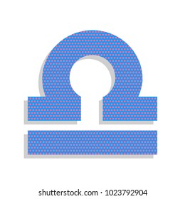Libra sign illustration. Vector. Neon blue icon with cyclamen polka dots pattern with light gray shadow on white background. Isolated.