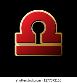 Libra sign illustration. Vector. Red icon with small black and limitless shadows at golden sticker on black background.