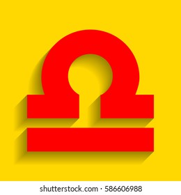 Libra sign illustration. Vector. Red icon with soft shadow on golden background.