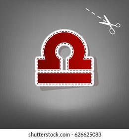 Libra sign illustration. Vector. Red icon with for applique from paper with shadow on gray background with scissors.
