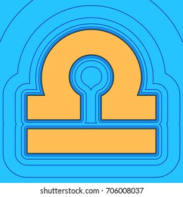 Libra sign illustration. Vector. Sand color icon with black contour and equidistant blue contours like field at sky blue background. Like waves on map - island in ocean or sea.