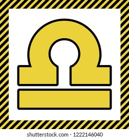 Libra sign illustration. Vector. Warm yellow icon with black contour in frame named as under construction at white background. Isolated.