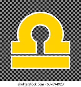 Libra sign illustration. Vector. Yellow icon with white contour on dark transparent background.