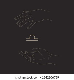Libra sign and magic hands in outline style isolated on black background. Hands hold zodiac symbol. Astrological or magic concept. Vector illustration for logotype, icon, tattoo, print