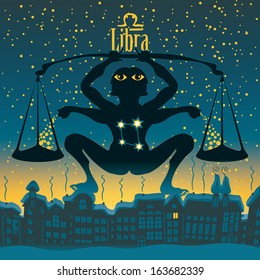 Libra sign in the starry sky night city