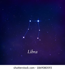 Libra sign. Stars map of zodiac constellation on dark blue background. Vector