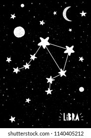 Libra Sign Vector Design. Hand Drawn Libra Zodiac Symbol. Black and White Stars and Moon on a Black Grunge Background. Childish Style Starry Night Sky with Moon and Planets.White Hand Written Letters.